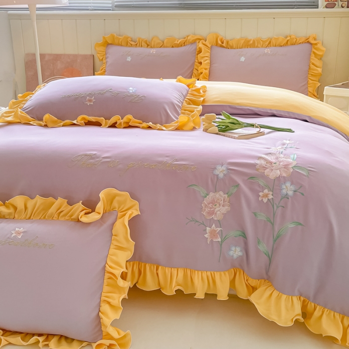91家纺网 家纺一手货源 找家纺 富盛 2024新款水洗亲肤棉刺绣四件套公主风四件套-春暖花开 紫黄