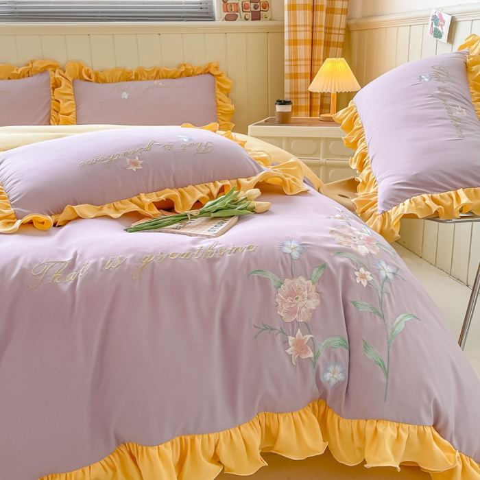 91家纺网 家纺一手货源 找家纺 富盛 2024新款水洗亲肤棉刺绣四件套公主风四件套-春暖花开 紫黄