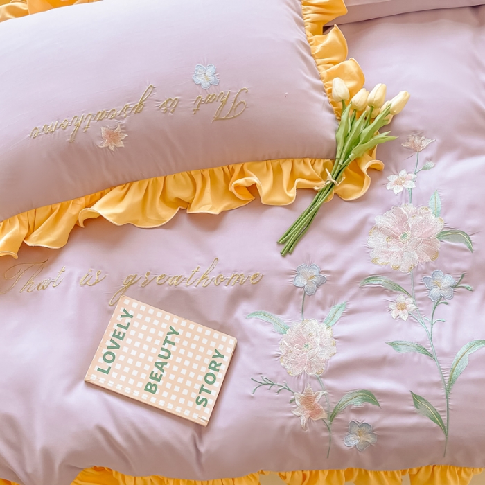 91家纺网 家纺一手货源 找家纺 富盛 2024新款水洗亲肤棉刺绣四件套公主风四件套-春暖花开 紫黄