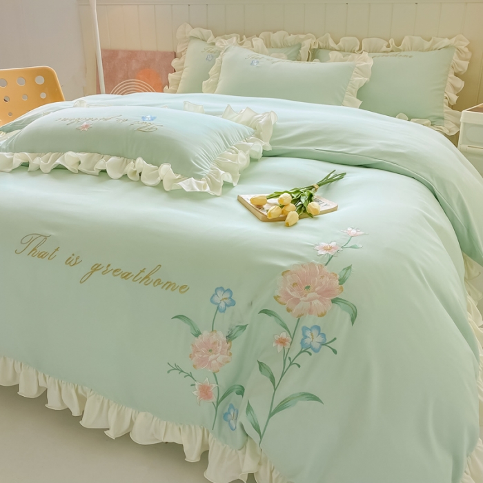 91家纺网 家纺一手货源 找家纺 富盛 2024新款水洗亲肤棉刺绣四件套公主风四件套-春暖花开 浅绿