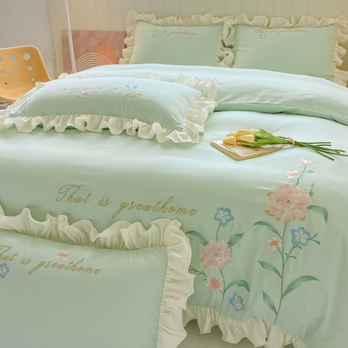 91家纺网 家纺一手货源 找家纺 富盛 2024新款水洗亲肤棉刺绣四件套公主风四件套-春暖花开 浅绿