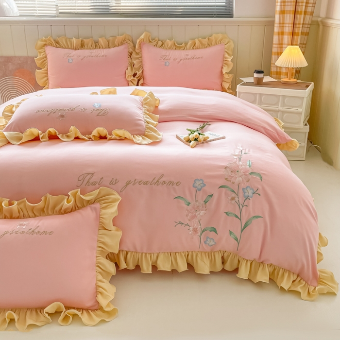 91家纺网 家纺一手货源 找家纺 富盛 2024新款水洗亲肤棉刺绣四件套公主风四件套-春暖花开 粉玉