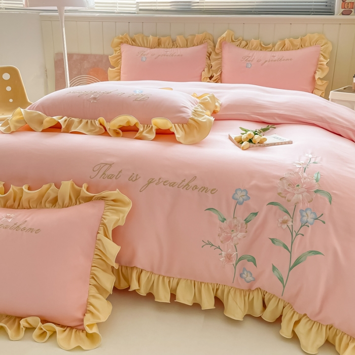 91家纺网 家纺一手货源 找家纺 富盛 2024新款水洗亲肤棉刺绣四件套公主风四件套-春暖花开 粉玉