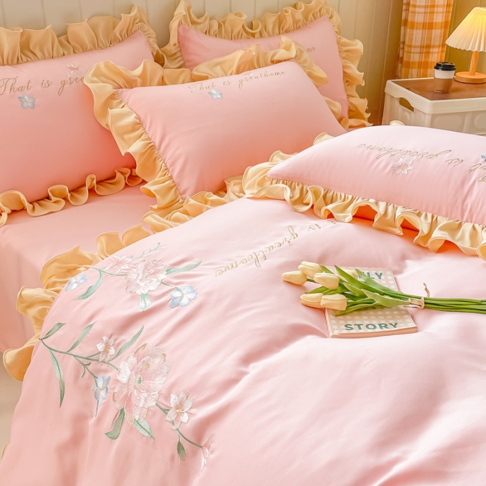 91家纺网 家纺一手货源 找家纺 富盛 2024新款水洗亲肤棉刺绣四件套公主风四件套-春暖花开 粉玉