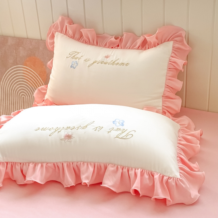 91家纺网 家纺一手货源 找家纺 富盛 2024新款水洗亲肤棉刺绣四件套公主风四件套-春暖花开 白粉