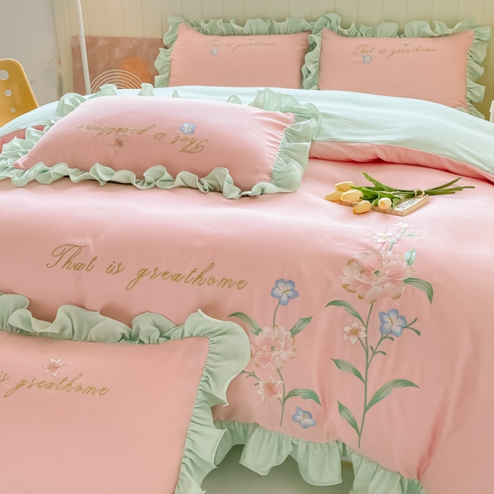 91家纺网 家纺一手货源 找家纺 富盛 2024新款水洗亲肤棉刺绣四件套公主风四件套-春暖花开 粉绿