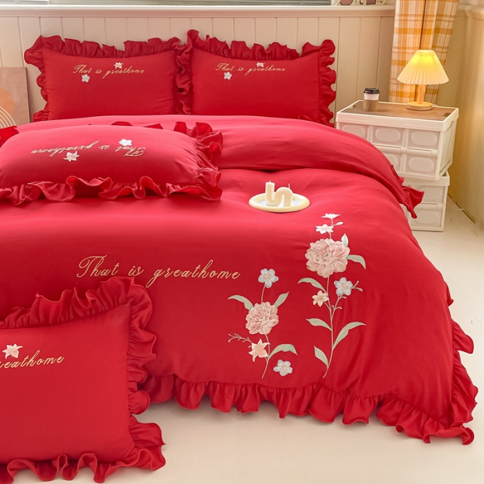 91家纺网 家纺一手货源 找家纺 富盛 2024新款水洗亲肤棉刺绣四件套公主风四件套-春暖花开 大红