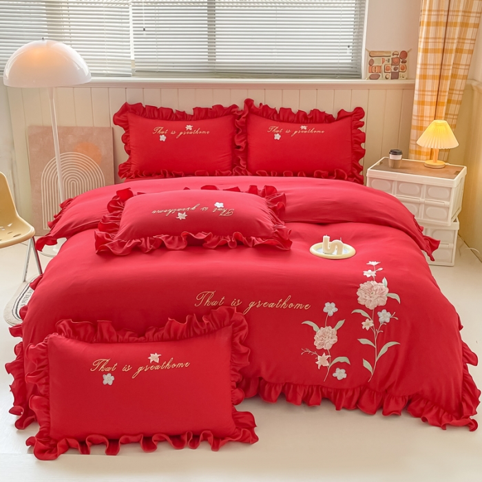 91家纺网 家纺一手货源 找家纺 富盛 2024新款水洗亲肤棉刺绣四件套公主风四件套-春暖花开 大红