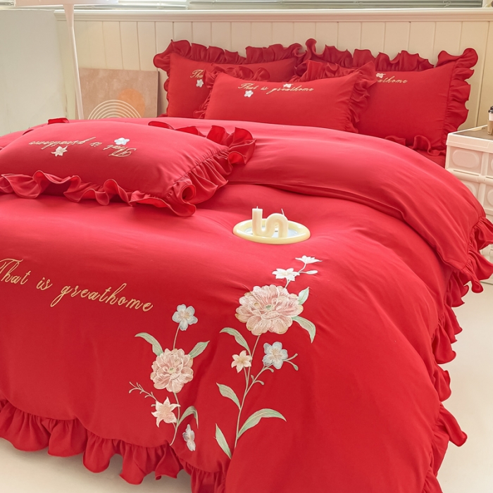 91家纺网 家纺一手货源 找家纺 富盛 2024新款水洗亲肤棉刺绣四件套公主风四件套-春暖花开 大红