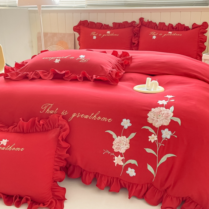 91家纺网 家纺一手货源 找家纺 富盛 2024新款水洗亲肤棉刺绣四件套公主风四件套-春暖花开 大红