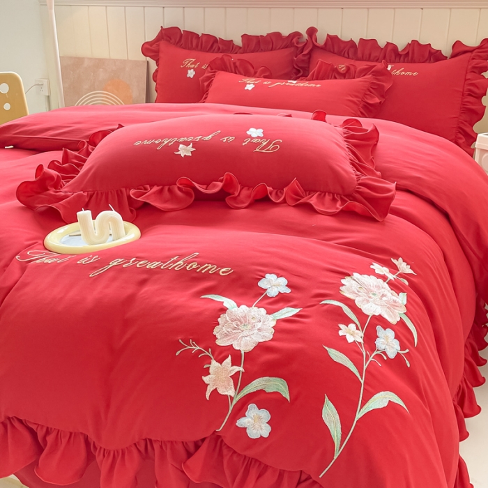 91家纺网 家纺一手货源 找家纺 富盛 2024新款水洗亲肤棉刺绣四件套公主风四件套-春暖花开 大红