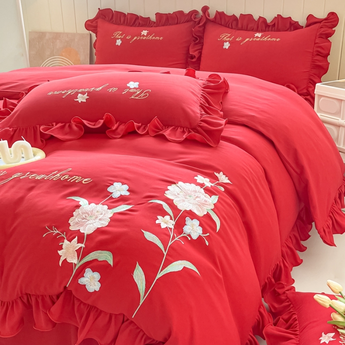 91家纺网 家纺一手货源 找家纺 富盛 2024新款水洗亲肤棉刺绣四件套公主风四件套-春暖花开 大红