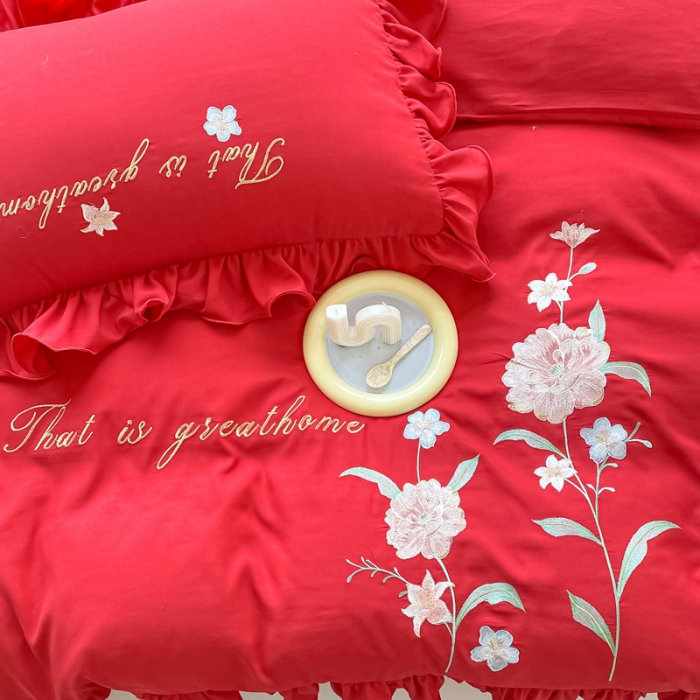 91家纺网 家纺一手货源 找家纺 富盛 2024新款水洗亲肤棉刺绣四件套公主风四件套-春暖花开 大红