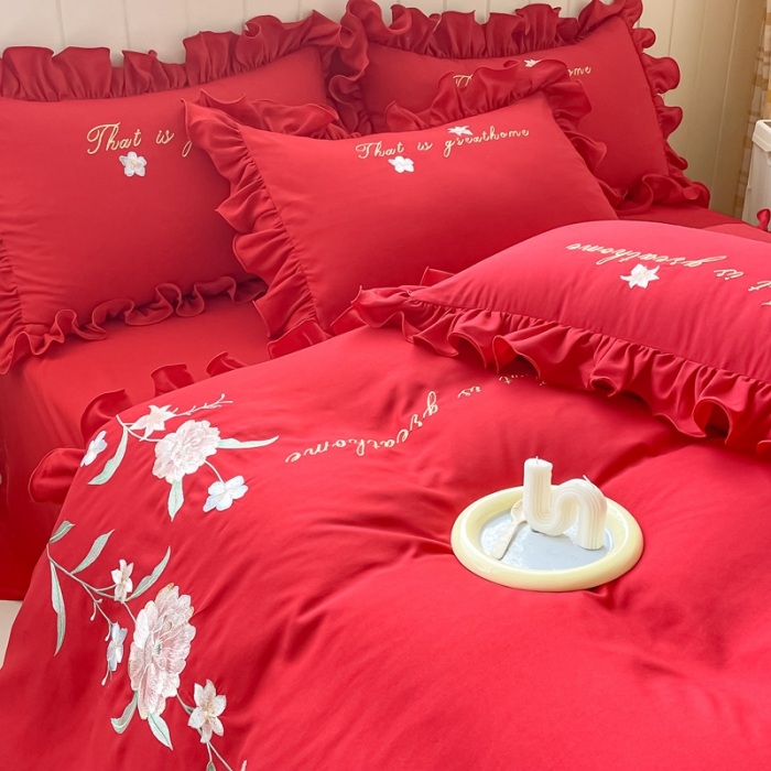 91家纺网 家纺一手货源 找家纺 富盛 2024新款水洗亲肤棉刺绣四件套公主风四件套-春暖花开 大红