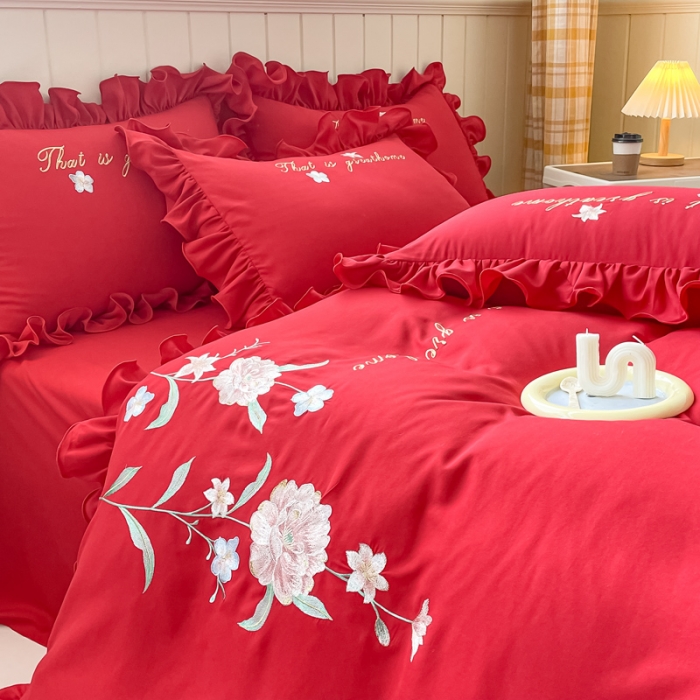 91家纺网 家纺一手货源 找家纺 富盛 2024新款水洗亲肤棉刺绣四件套公主风四件套-春暖花开 大红