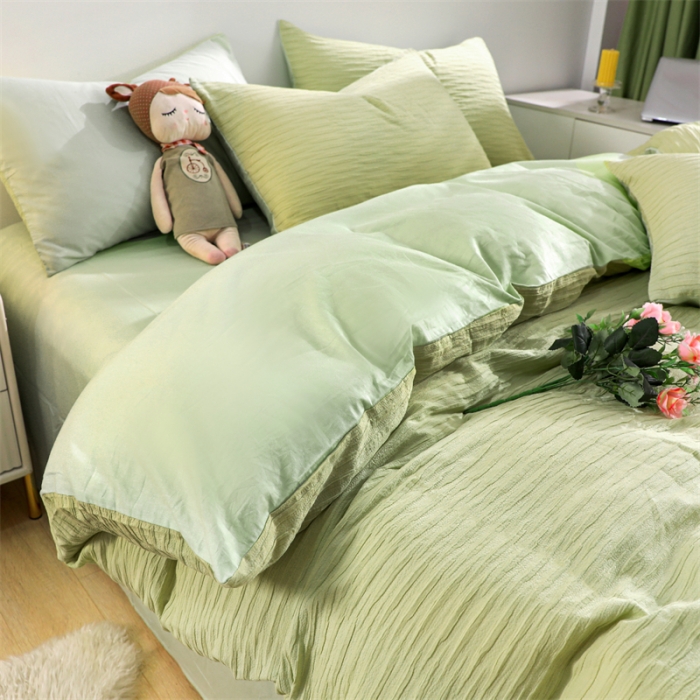 91家纺网 家纺一手货源 找家纺 沐晴家纺 2023新款泡泡纱四件套 嫩绿