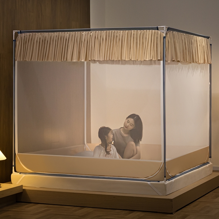 91家纺网 家纺一手货源 找家纺 青竹苑 2023纯色可拆洗冰丝凉席外穿三门全底防摔蚊帐 奶油黄