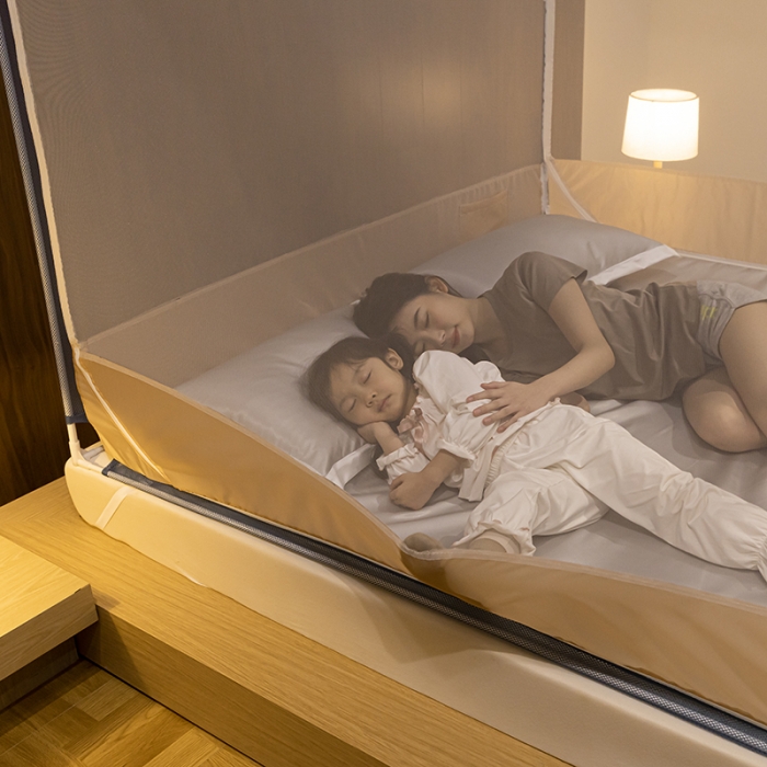 91家纺网 家纺一手货源 找家纺 青竹苑 2023纯色可拆洗冰丝凉席外穿三门全底防摔蚊帐 奶油黄