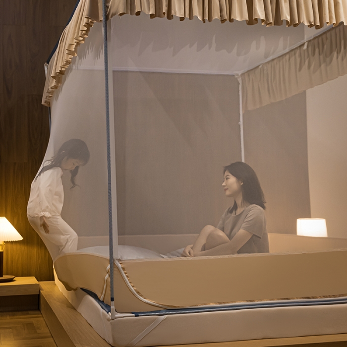 91家纺网 家纺一手货源 找家纺 青竹苑 2023纯色可拆洗冰丝凉席外穿三门全底防摔蚊帐 奶油黄