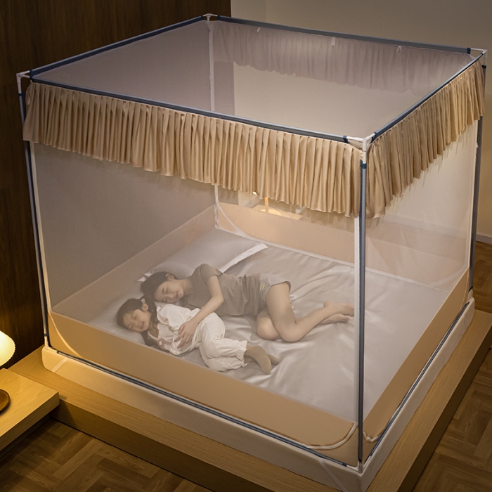 91家纺网 家纺一手货源 找家纺 青竹苑 2023纯色可拆洗冰丝凉席外穿三门全底防摔蚊帐 奶油黄