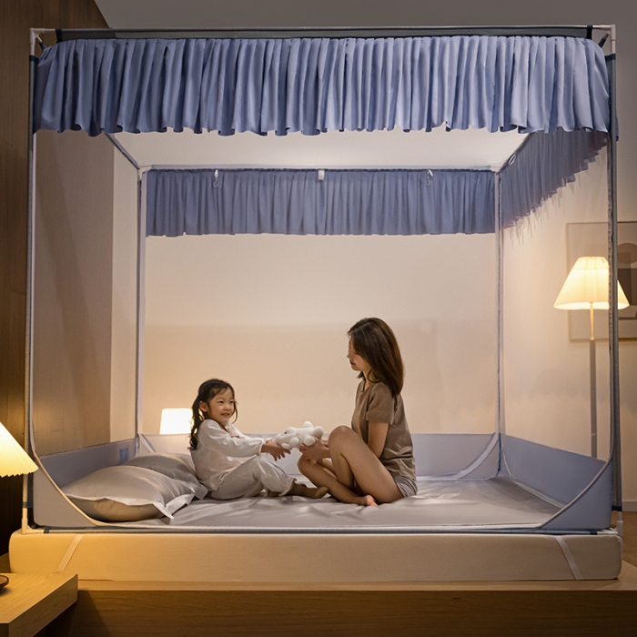 91家纺网 家纺一手货源 找家纺 青竹苑 2023纯色可拆洗冰丝凉席外穿三门全底防摔蚊帐 郁蓝色