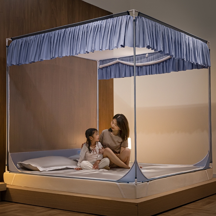 91家纺网 家纺一手货源 找家纺 青竹苑 2023纯色可拆洗冰丝凉席外穿三门全底防摔蚊帐 郁蓝色