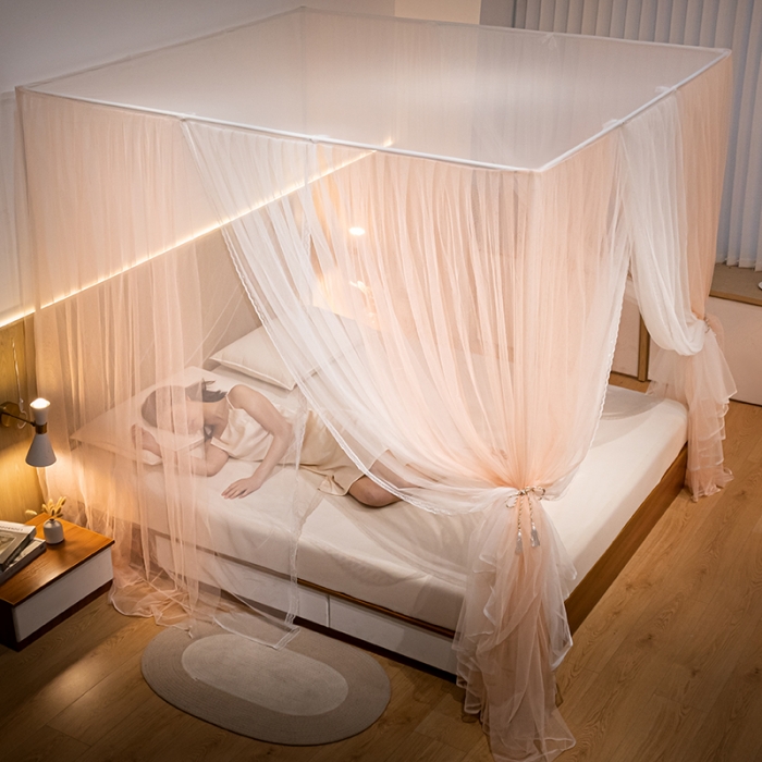 91家纺网 家纺一手货源 找家纺 青竹苑 2023双层拼色落地方帐铁艺烤漆宫廷蚊帐 香槟玉