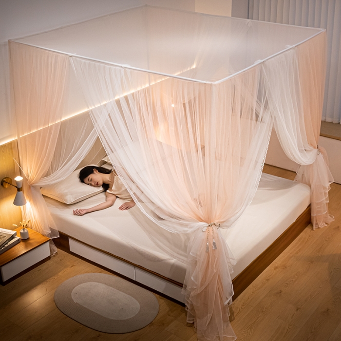 91家纺网 家纺一手货源 找家纺 青竹苑 2023双层拼色落地方帐铁艺烤漆宫廷蚊帐 香槟玉