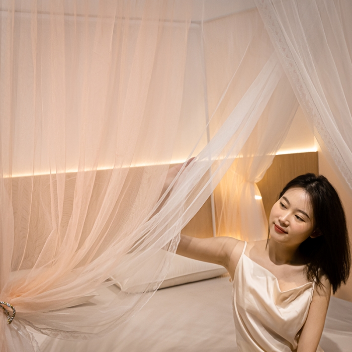 91家纺网 家纺一手货源 找家纺 青竹苑 2023双层拼色落地方帐铁艺烤漆宫廷蚊帐 香槟玉