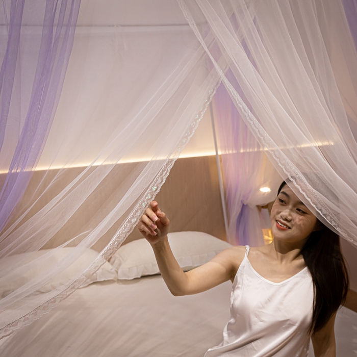 91家纺网 家纺一手货源 找家纺 青竹苑 2023双层拼色落地方帐铁艺烤漆宫廷蚊帐 云烟紫