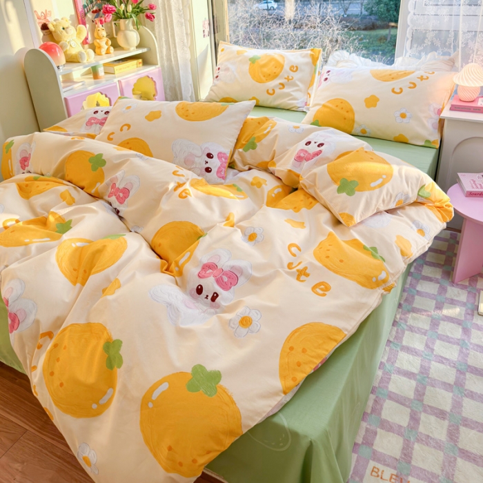 91家纺网 家纺一手货源 找家纺 花伞 2023直播新款40支高密全棉纯棉小清新四件套 橙子和兔