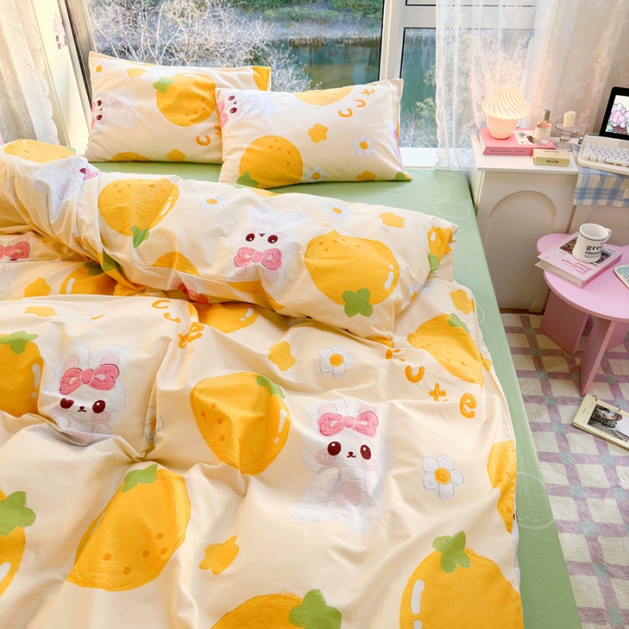 91家纺网 家纺一手货源 找家纺 花伞 2023直播新款40支高密全棉纯棉小清新四件套 橙子和兔