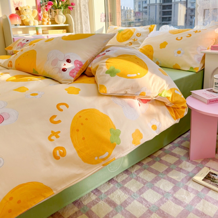 91家纺网 家纺一手货源 找家纺 花伞 2023直播新款40支高密全棉纯棉小清新四件套 橙子和兔