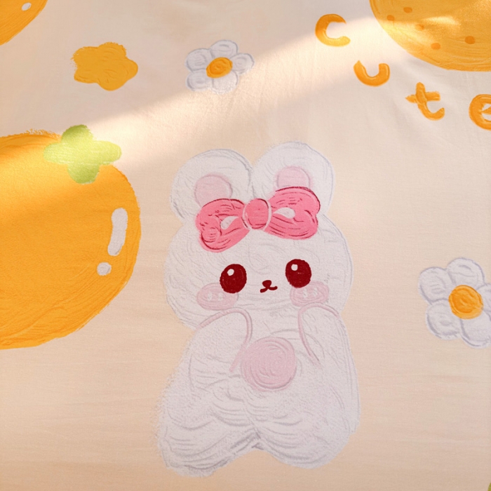 91家纺网 家纺一手货源 找家纺 花伞 2023直播新款40支高密全棉纯棉小清新四件套 橙子和兔