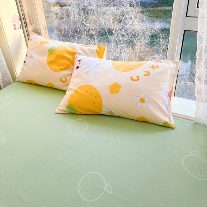 91家纺网 家纺一手货源 找家纺 花伞 2023直播新款40支高密全棉纯棉小清新四件套 橙子和兔