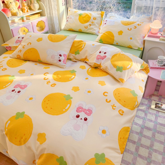 91家纺网 家纺一手货源 找家纺 花伞 2023直播新款40支高密全棉纯棉小清新四件套 橙子和兔