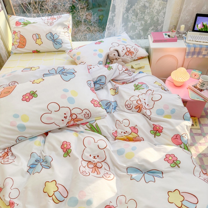 91家纺网 家纺一手货源 找家纺 花伞 2023直播新款40支高密全棉纯棉小清新四件套 蝴蝶结小兔