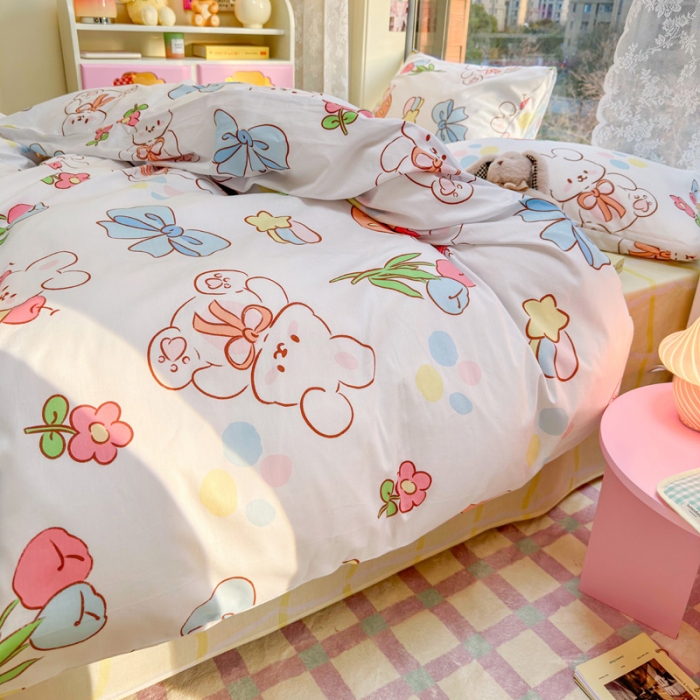 91家纺网 家纺一手货源 找家纺 花伞 2023直播新款40支高密全棉纯棉小清新四件套 蝴蝶结小兔