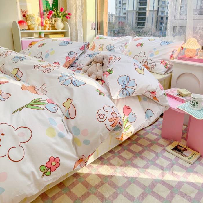 91家纺网 家纺一手货源 找家纺 花伞 2023直播新款40支高密全棉纯棉小清新四件套 蝴蝶结小兔