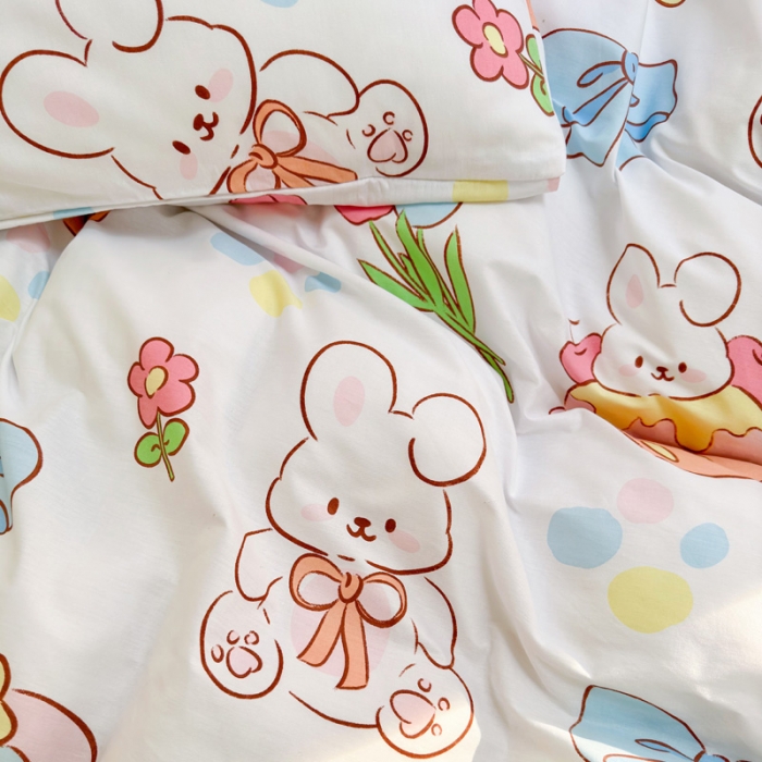 91家纺网 家纺一手货源 找家纺 花伞 2023直播新款40支高密全棉纯棉小清新四件套 蝴蝶结小兔