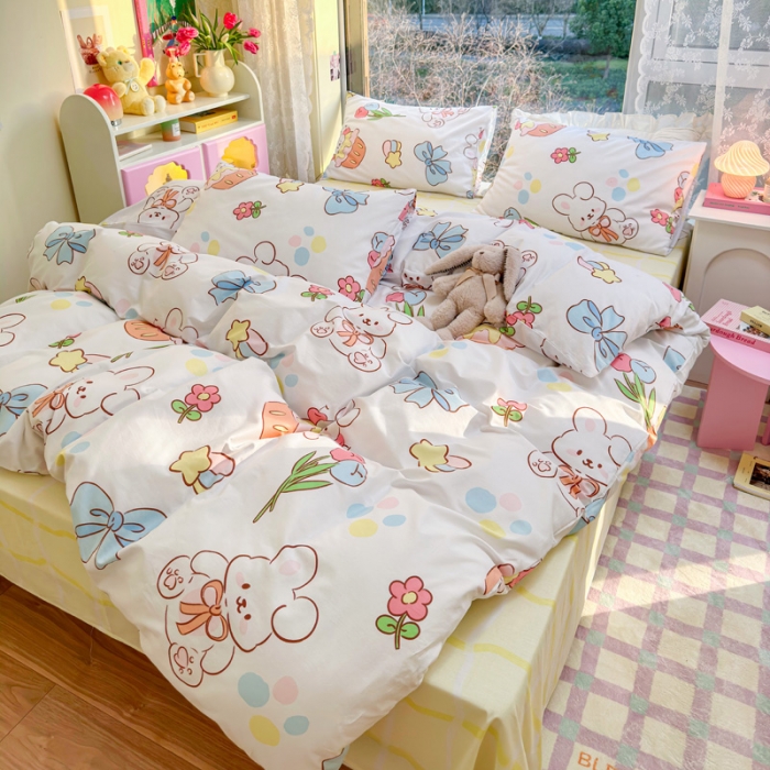 91家纺网 家纺一手货源 找家纺 花伞 2023直播新款40支高密全棉纯棉小清新四件套 蝴蝶结小兔