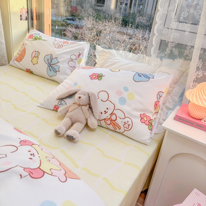 91家纺网 家纺一手货源 找家纺 花伞 2023直播新款40支高密全棉纯棉小清新四件套 蝴蝶结小兔