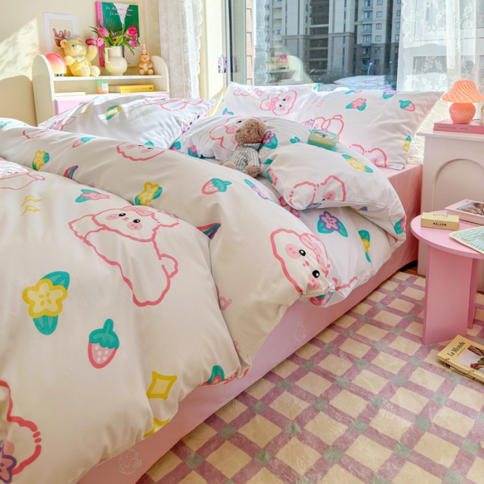 91家纺网 家纺一手货源 找家纺 花伞 2023直播新款40支高密全棉纯棉小清新四件套 流行兔