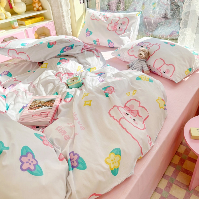 91家纺网 家纺一手货源 找家纺 花伞 2023直播新款40支高密全棉纯棉小清新四件套 流行兔