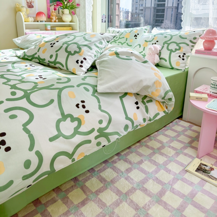 91家纺网 家纺一手货源 找家纺 花伞 2023直播新款40支高密全棉纯棉小清新四件套 绿色小熊