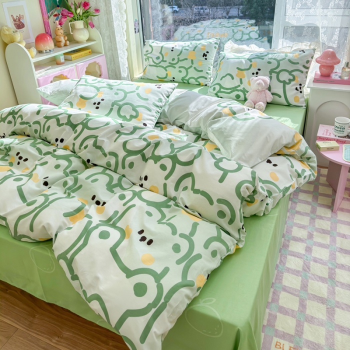 91家纺网 家纺一手货源 找家纺 花伞 2023直播新款40支高密全棉纯棉小清新四件套 绿色小熊