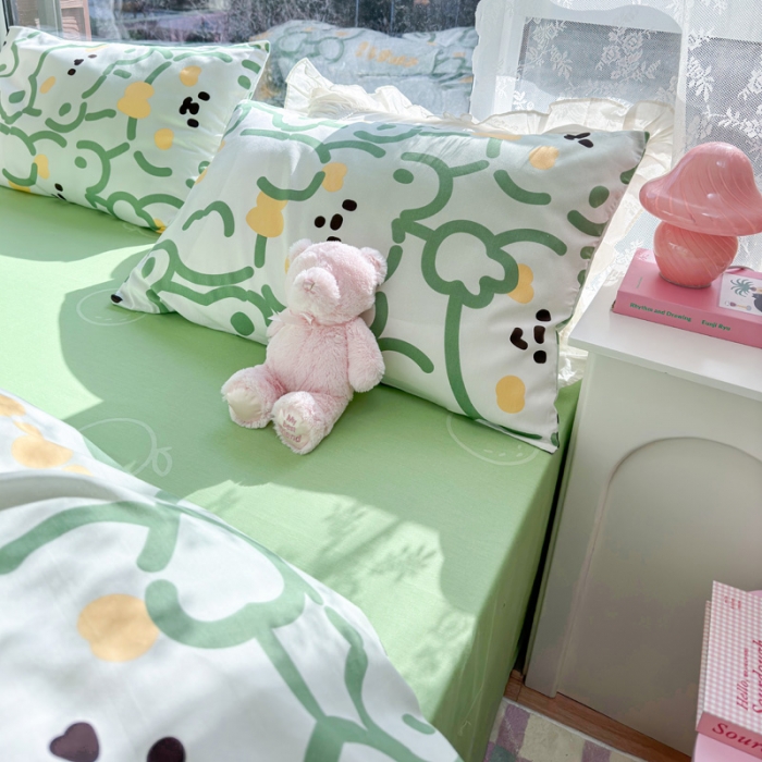 91家纺网 家纺一手货源 找家纺 花伞 2023直播新款40支高密全棉纯棉小清新四件套 绿色小熊