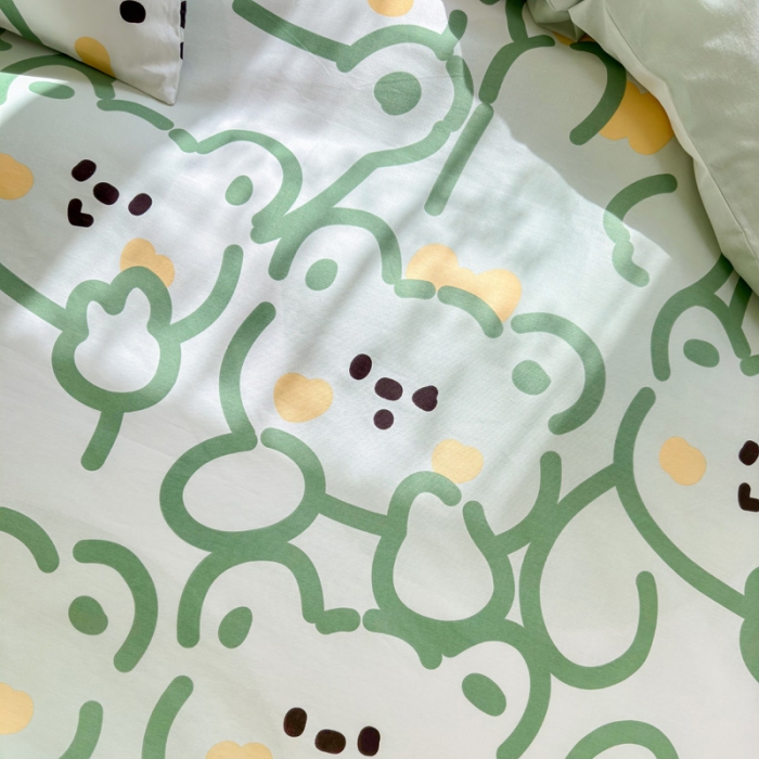 91家纺网 家纺一手货源 找家纺 花伞 2023直播新款40支高密全棉纯棉小清新四件套 绿色小熊