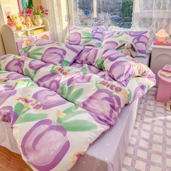 91家纺网 家纺一手货源 找家纺 花伞 2023直播新款40支高密全棉纯棉小清新四件套 浓情郁金香