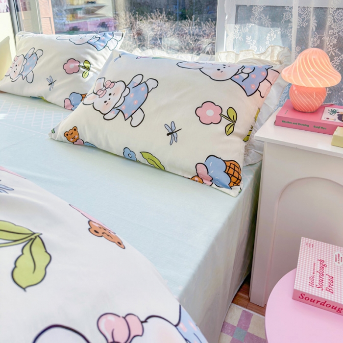 91家纺网 家纺一手货源 找家纺 花伞 2023直播新款40支高密全棉纯棉小清新四件套 蜻蜓和兔